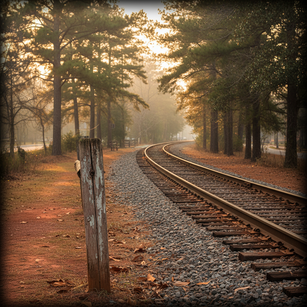 Golden hour light on historic Kennesaw, Georgia railroad tracks, framed by loblolly pines and red clay, evoking Cobb County's rich heritage.