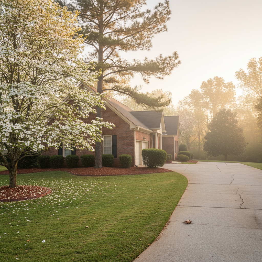 Spring curb appeal of a staged Cobb County, Georgia home, featuring blooming dogwoods, red clay beds, and a manicured lawn, ready for the Kennesaw real estate market.