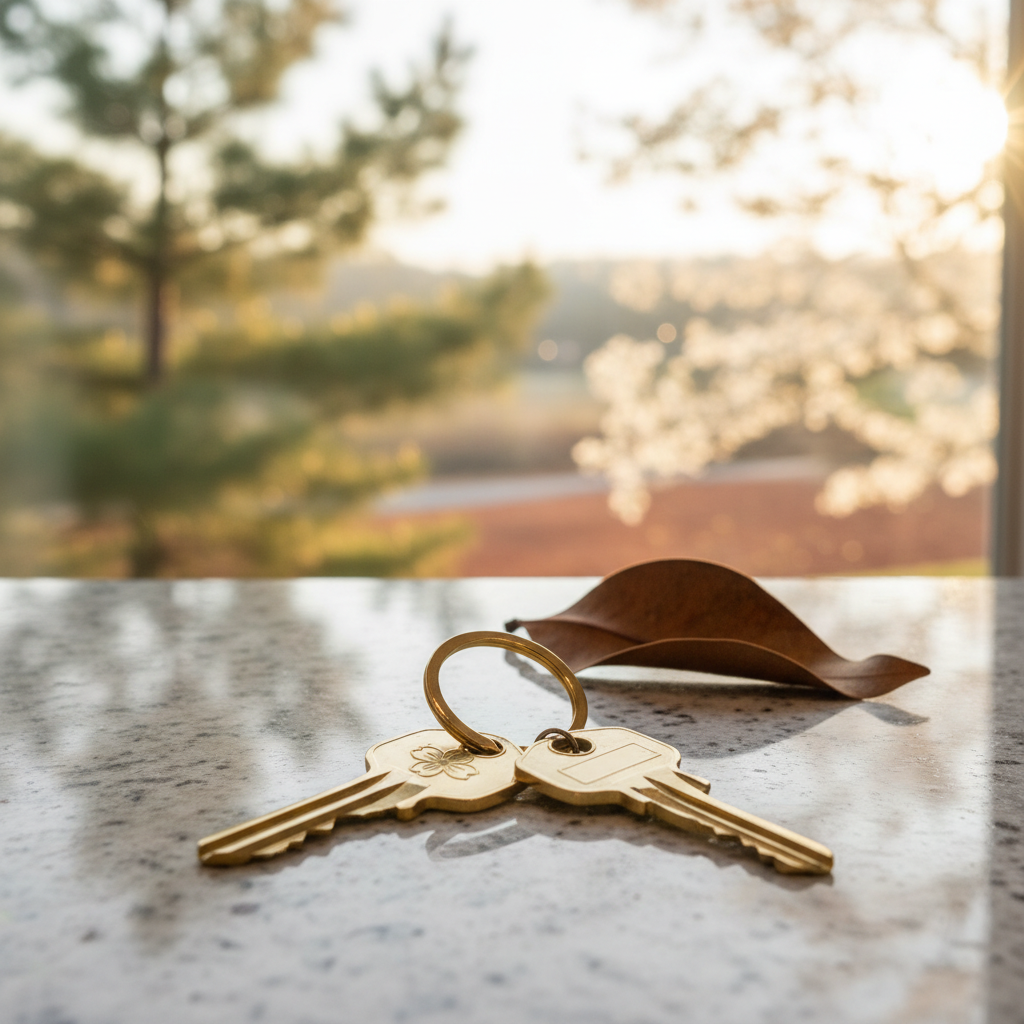 New house keys on granite countertop, with Georgia loblolly pines and dogwoods visible outside. Symbolizes homeownership in Cobb County, Atlanta area.