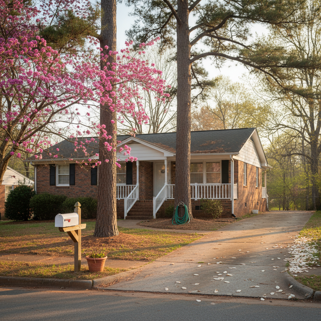 Weathered brick ranch home in a quiet Cobb County, Georgia neighborhood, featuring mature magnolias and crepe myrtles. Captures Southern charm near Kennesaw, Atlanta area.