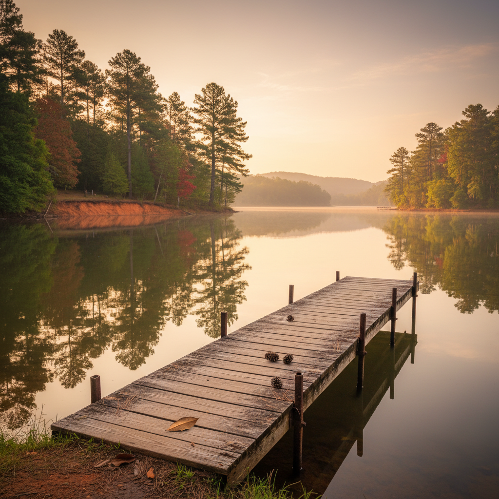 Serene Lake Allatoona shoreline in Acworth, Cobb County, Georgia, at golden hour, featuring a weathered dock and towering loblolly pines.