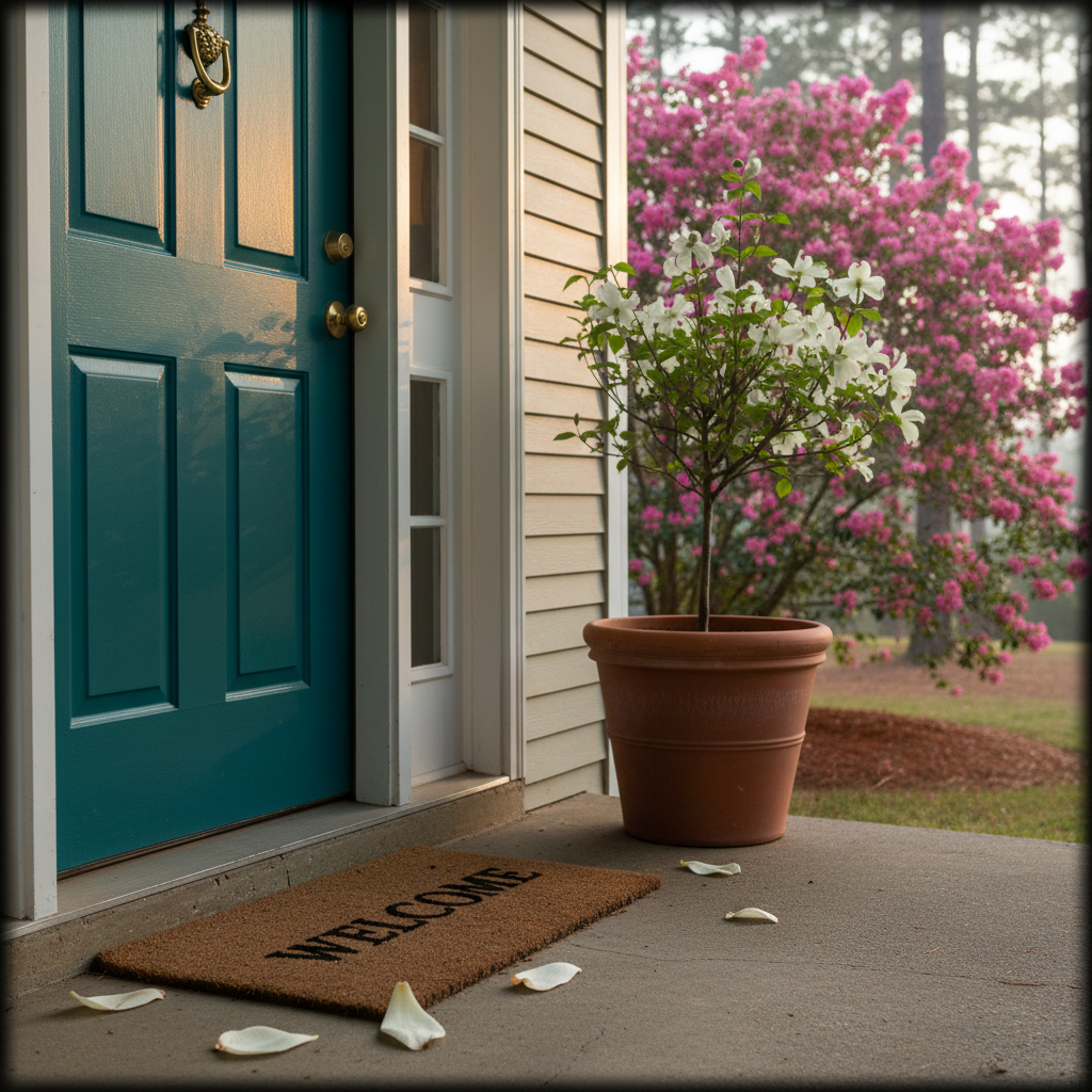 Freshly painted front door with a new welcome mat on a porch, surrounded by blooming crepe myrtles in a Kennesaw, Cobb County, Georgia home.