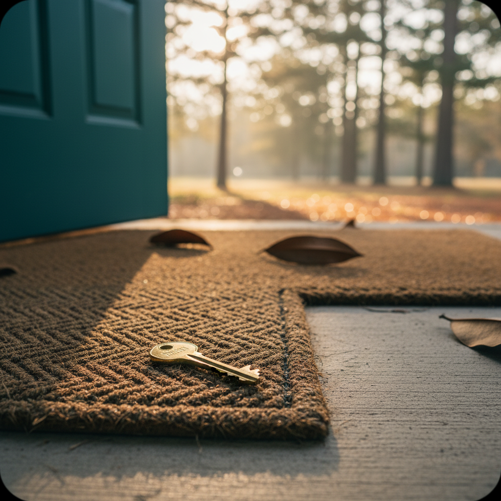 New brass house key on a welcome mat, symbolizing homeownership in Cobb County, Georgia. Perfect for first-time buyers in the Atlanta area.