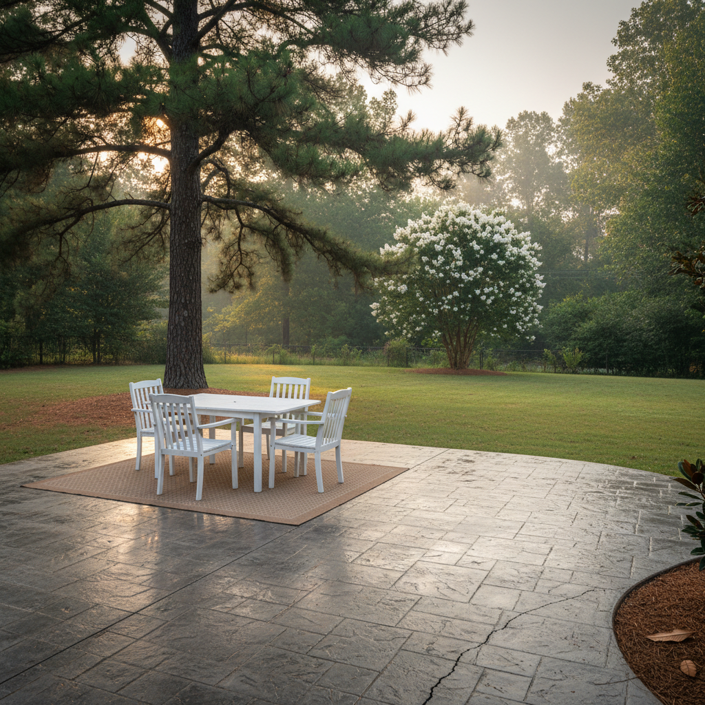 Staged Cobb County backyard patio with fresh landscaping, a blooming crepe myrtle, and a towering loblolly pine, showcasing Atlanta area outdoor living potential.