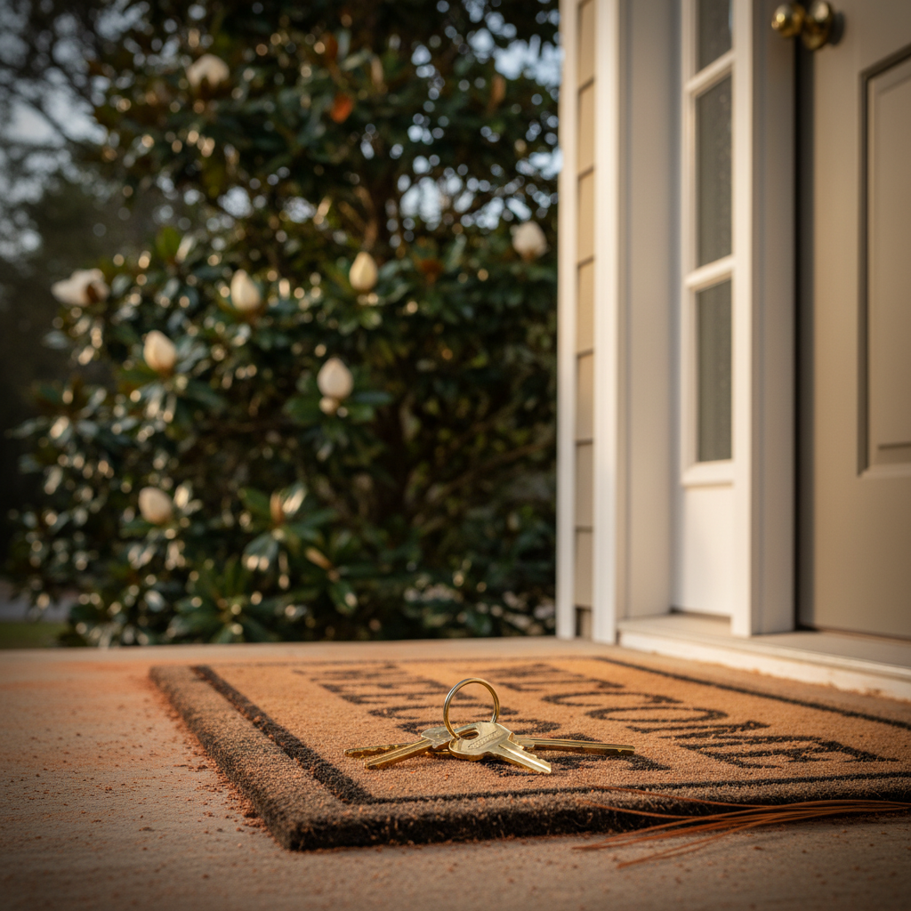 Polished brass house keys on a red clay-dusted welcome mat at a Georgia home's front door, with a blooming magnolia tree. Ideal for Cobb County homebuyers.