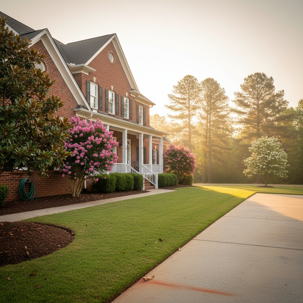 Staged front yard of a Kennesaw, Cobb County home, featuring manicured lawn, crepe myrtles, and a magnolia tree, showcasing curb appeal in the Atlanta area, Georgia.