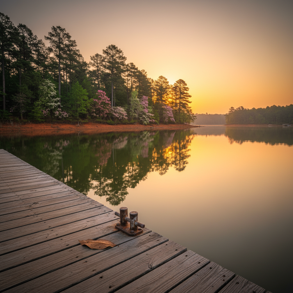 Golden hour view of a tranquil wooden dock on Lake Allatoona, Cobb County, Georgia, framed by loblolly pines and red clay shoreline, offering peaceful lakefront living near Acworth.