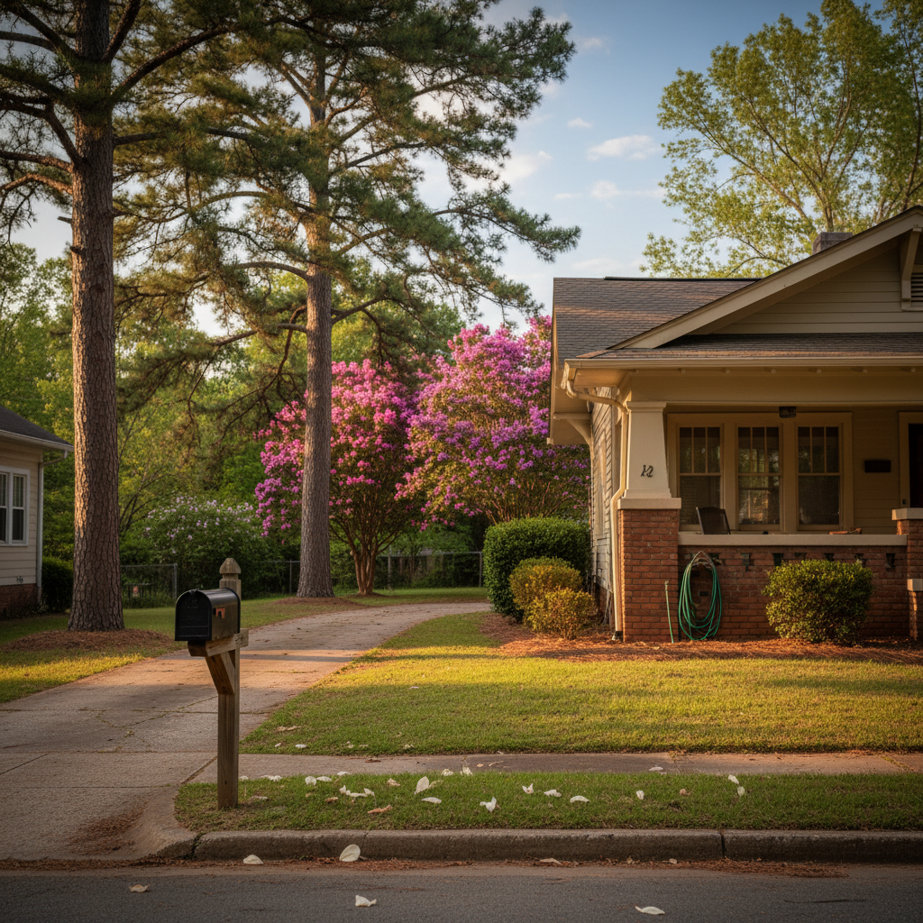 Charming Craftsman home on a quiet, tree-lined street in Marietta, Cobb County, Georgia, featuring mature magnolias and a cracked driveway, perfect for Atlanta area real estate.