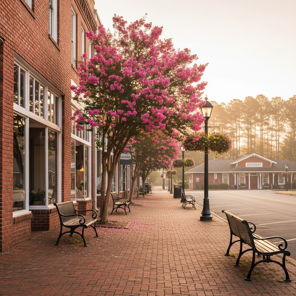 Historic downtown Kennesaw, Georgia streetscape featuring blooming crepe myrtles, brick storefronts, and the railroad depot, highlighting a charming Cobb County remote work area.