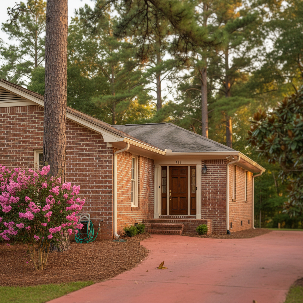 Well-maintained brick home in Cobb County, Georgia, featuring blooming crepe myrtles, a loblolly pine, and clean red clay driveway, Kennesaw area.